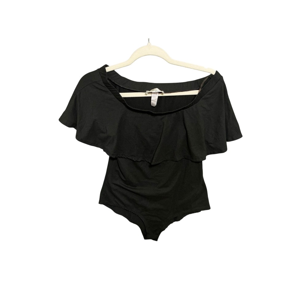 Gaze USA Black Ruffle Off Shoulder Bodysuit, One Piece, Size Small
